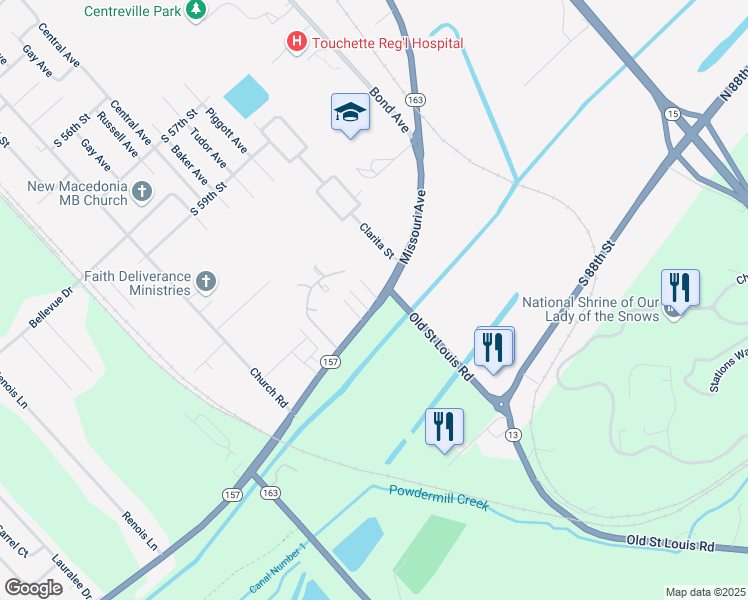 map of restaurants, bars, coffee shops, grocery stores, and more near 1101 Camp Jackson Road in East St. Louis