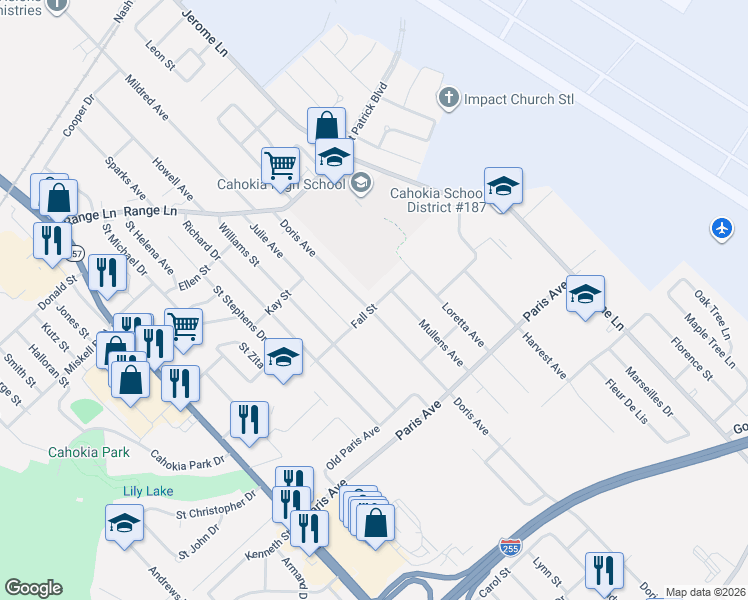 map of restaurants, bars, coffee shops, grocery stores, and more near 607 Fall Street in Cahokia