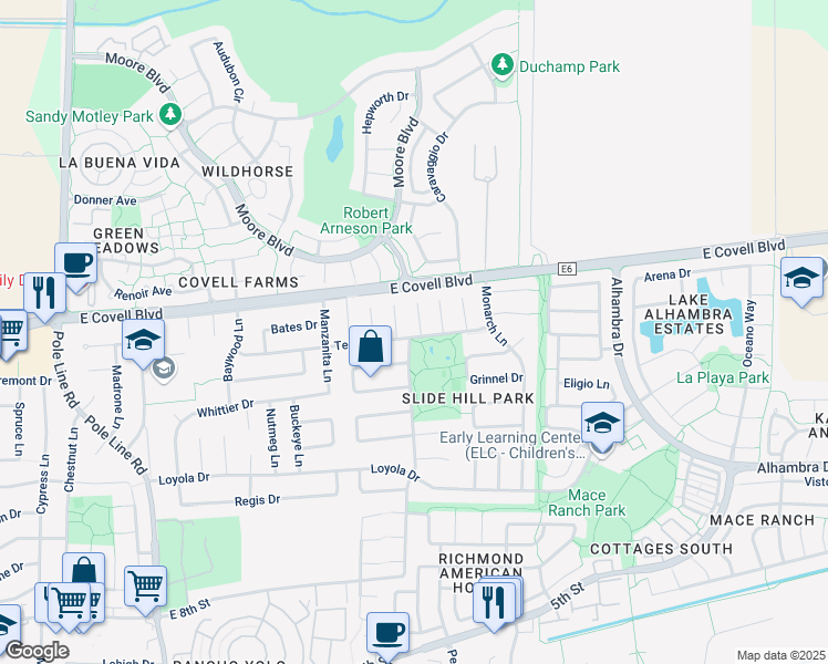 map of restaurants, bars, coffee shops, grocery stores, and more near 1701 Balsam Place in Davis