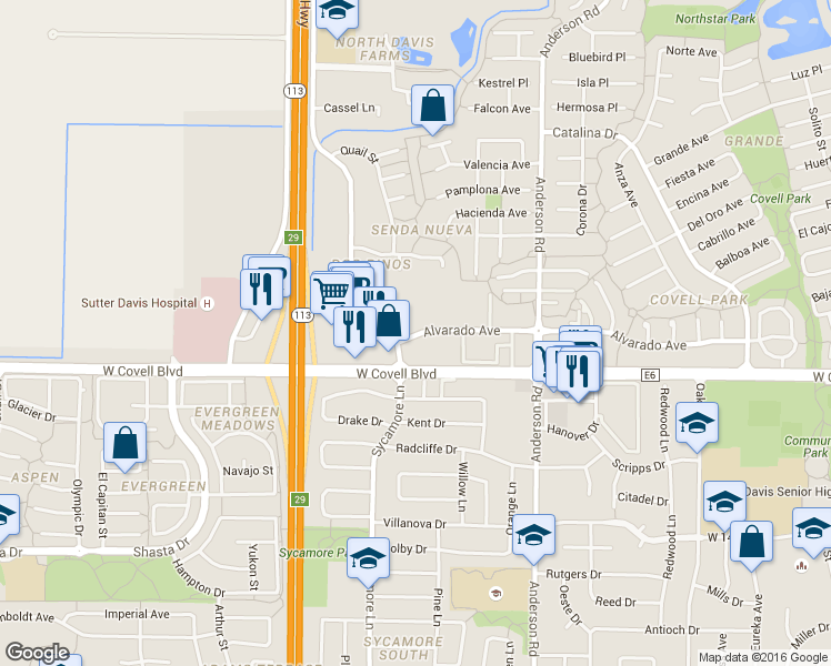 map of restaurants, bars, coffee shops, grocery stores, and more near 1082 Alvarado Avenue in Davis