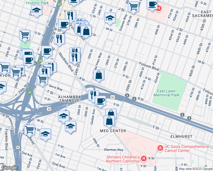 map of restaurants, bars, coffee shops, grocery stores, and more near 3675 R Street in Sacramento