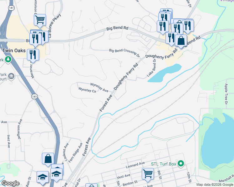 map of restaurants, bars, coffee shops, grocery stores, and more near 600 Park Commons Court in Valley Park