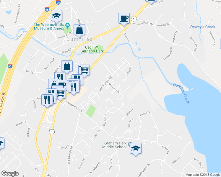 map of restaurants, bars, coffee shops, grocery stores, and more near 1755 Fort Henry Court in Dumfries