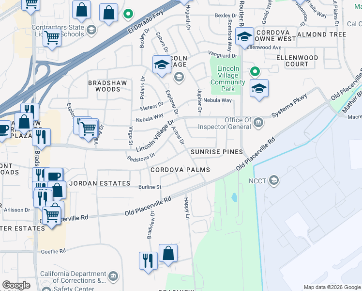 map of restaurants, bars, coffee shops, grocery stores, and more near 3600 Scorpio Drive in Sacramento