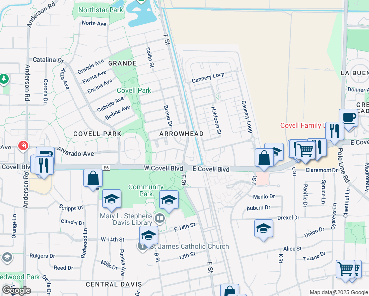 map of restaurants, bars, coffee shops, grocery stores, and more near 2099 F Street in Davis