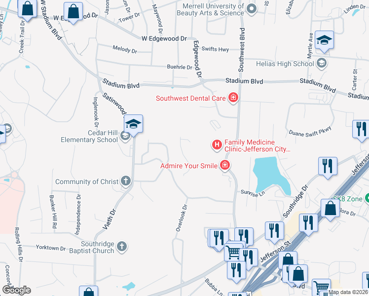 map of restaurants, bars, coffee shops, grocery stores, and more near 1850 Cedar Ridge Road in Jefferson City