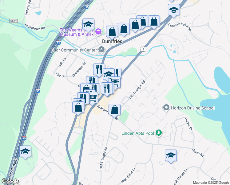 map of restaurants, bars, coffee shops, grocery stores, and more near 17987 Dumfries Shopping Plaza in Dumfries