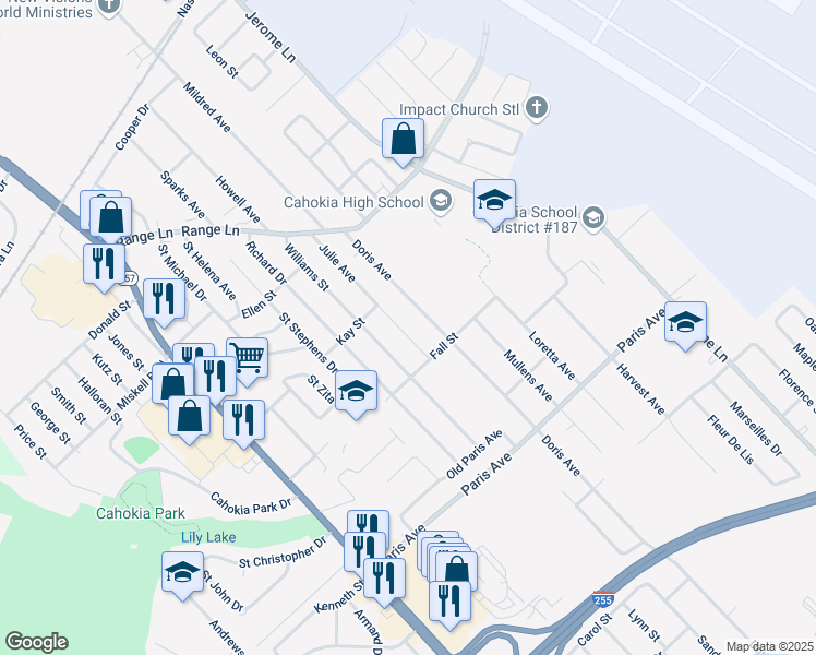 map of restaurants, bars, coffee shops, grocery stores, and more near 1313 Julie Avenue in Cahokia