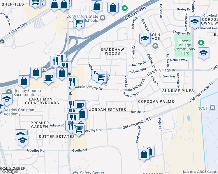 map of restaurants, bars, coffee shops, grocery stores, and more near 9825 Lincoln Village Drive in Sacramento