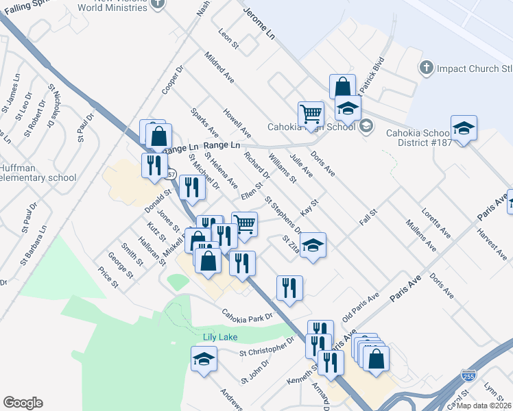 map of restaurants, bars, coffee shops, grocery stores, and more near 309 Saint Leonard Drive in Cahokia