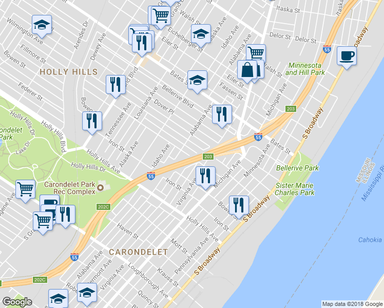 map of restaurants, bars, coffee shops, grocery stores, and more near 601 Fillmore Street in St. Louis