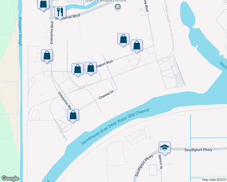 map of restaurants, bars, coffee shops, grocery stores, and more near 3783 Channel Drive in West Sacramento