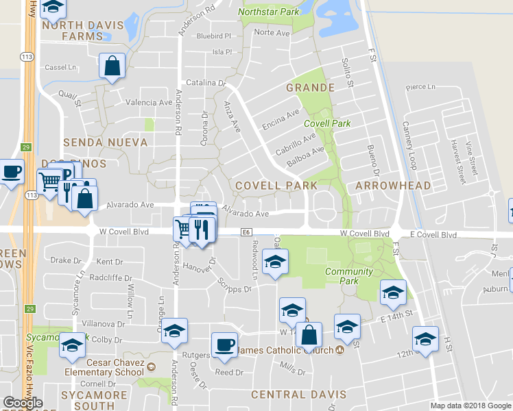 map of restaurants, bars, coffee shops, grocery stores, and more near 2113 Del Rey Court in Davis