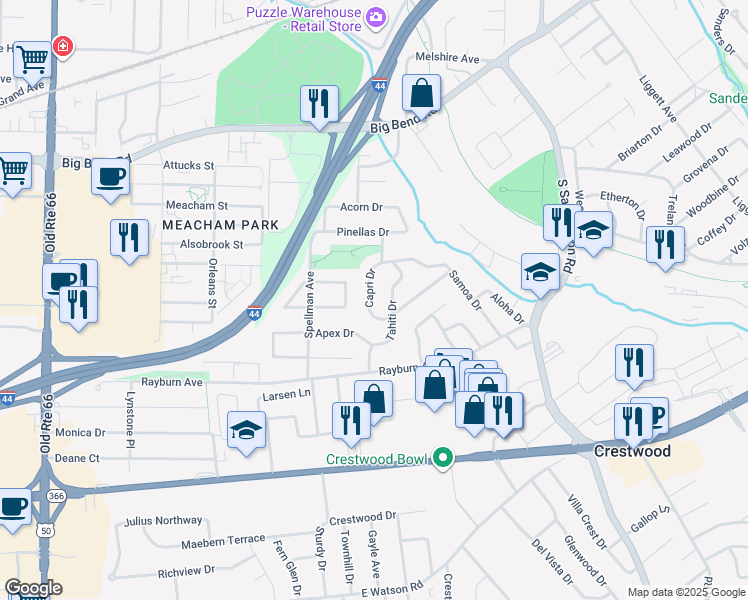 map of restaurants, bars, coffee shops, grocery stores, and more near 1234 Capri Drive in St. Louis