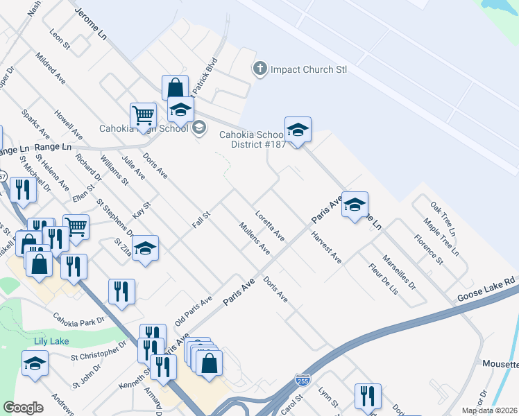 map of restaurants, bars, coffee shops, grocery stores, and more near 1709 Loretta Avenue in Cahokia