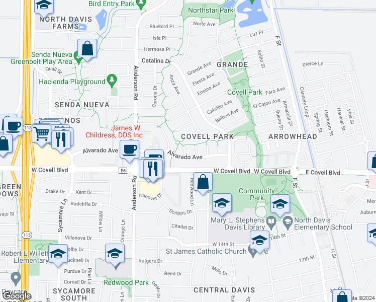 map of restaurants, bars, coffee shops, grocery stores, and more near 2114 Espana Court in Davis