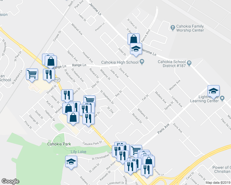 map of restaurants, bars, coffee shops, grocery stores, and more near 1225 Richard Drive in Cahokia