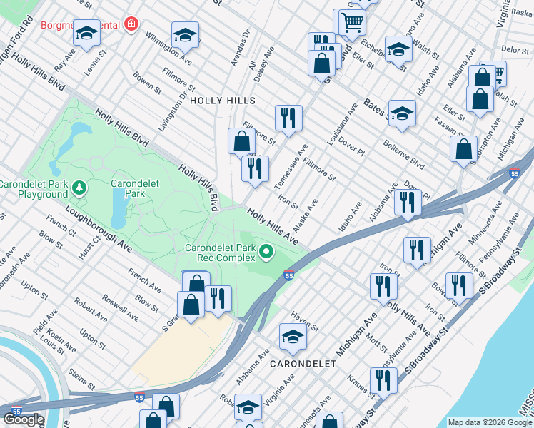 map of restaurants, bars, coffee shops, grocery stores, and more near 1123 Holly Hills Avenue in St. Louis
