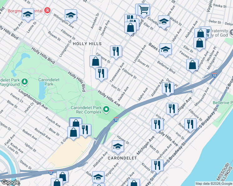 map of restaurants, bars, coffee shops, grocery stores, and more near 6309 Alaska Avenue in St. Louis