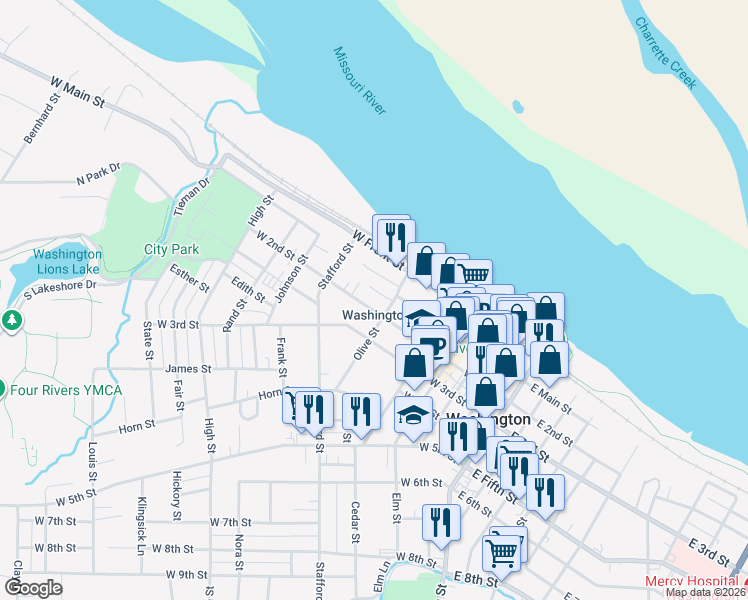 map of restaurants, bars, coffee shops, grocery stores, and more near 511 West 2nd Street in Washington