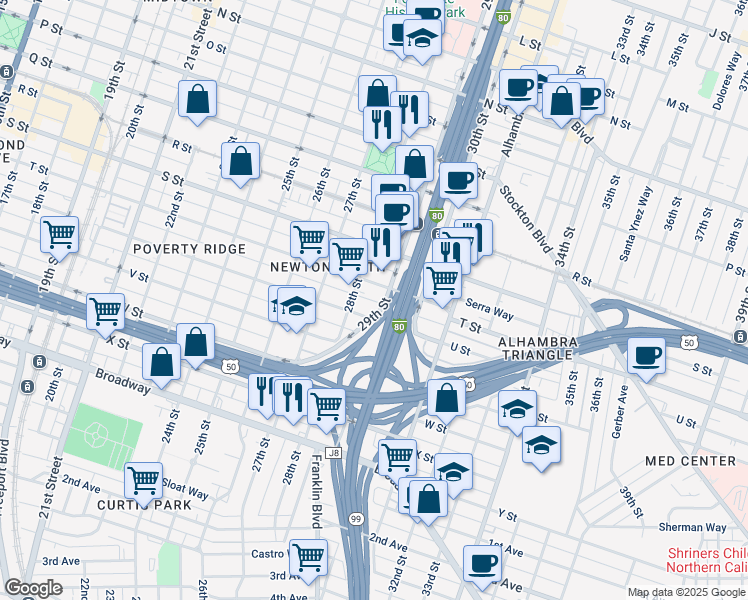 map of restaurants, bars, coffee shops, grocery stores, and more near 2020 Tomato Alley in Sacramento