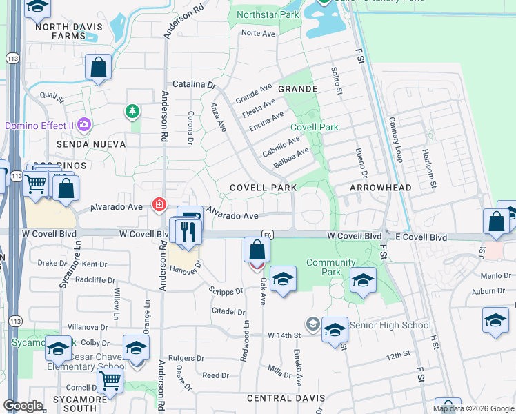 map of restaurants, bars, coffee shops, grocery stores, and more near 2111 Camino Court in Davis