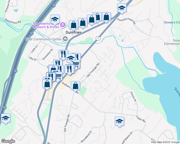 map of restaurants, bars, coffee shops, grocery stores, and more near 2301 McClellan Court in Dumfries