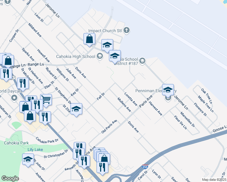 map of restaurants, bars, coffee shops, grocery stores, and more near 1609 Mullens Avenue in Cahokia