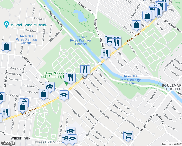 map of restaurants, bars, coffee shops, grocery stores, and more near 8202 Gravois Avenue in St. Louis