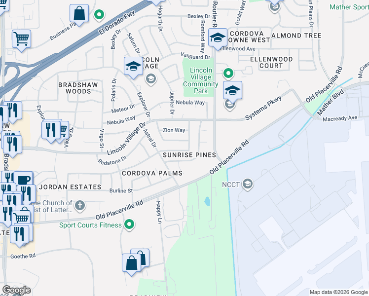 map of restaurants, bars, coffee shops, grocery stores, and more near 3536 Sunrise Pines Drive in Sacramento