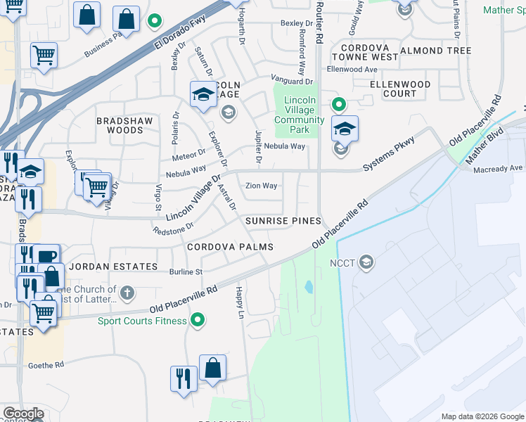 map of restaurants, bars, coffee shops, grocery stores, and more near 3574 Scorpio Drive in Sacramento