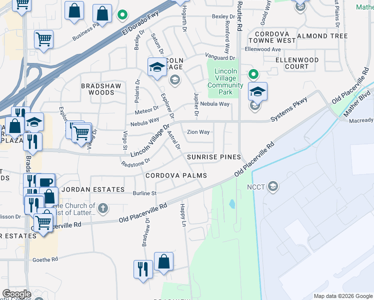 map of restaurants, bars, coffee shops, grocery stores, and more near 3600 Scorpio Drive in Sacramento