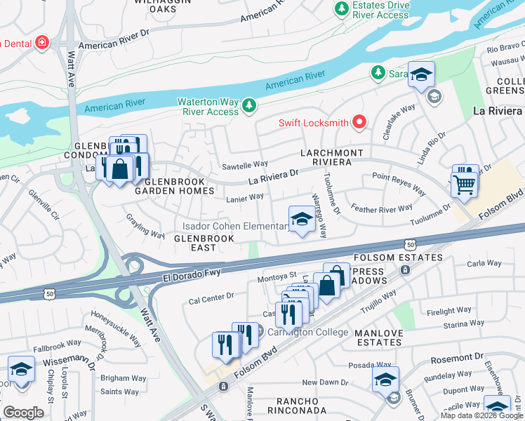 map of restaurants, bars, coffee shops, grocery stores, and more near 2630 Waterton Way in Sacramento