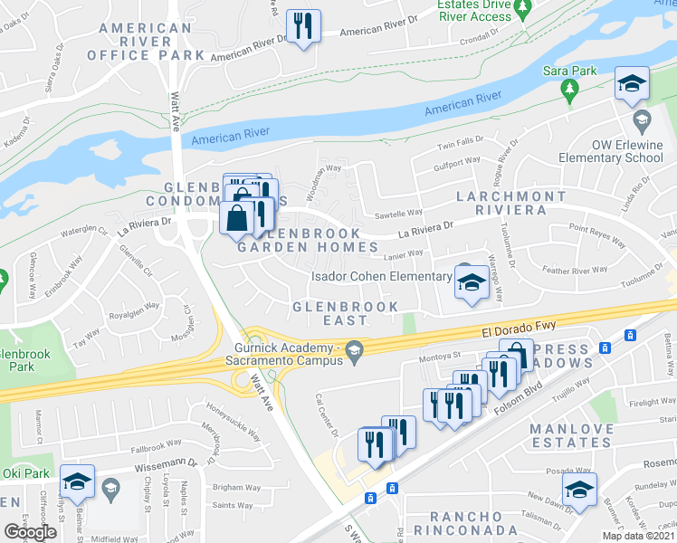 map of restaurants, bars, coffee shops, grocery stores, and more near 8891 Salmon Falls Drive in Sacramento