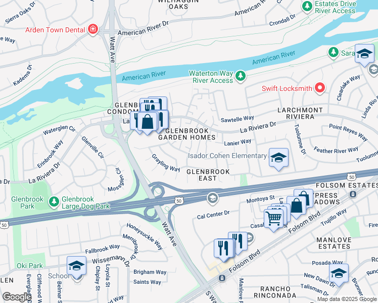map of restaurants, bars, coffee shops, grocery stores, and more near 8860 Salmon Falls Drive in Sacramento