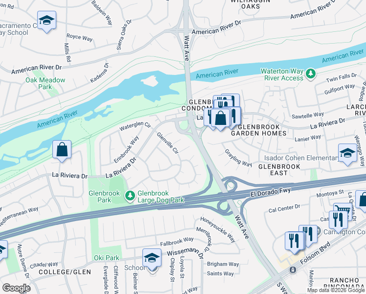 map of restaurants, bars, coffee shops, grocery stores, and more near 16 Ness Court in Sacramento
