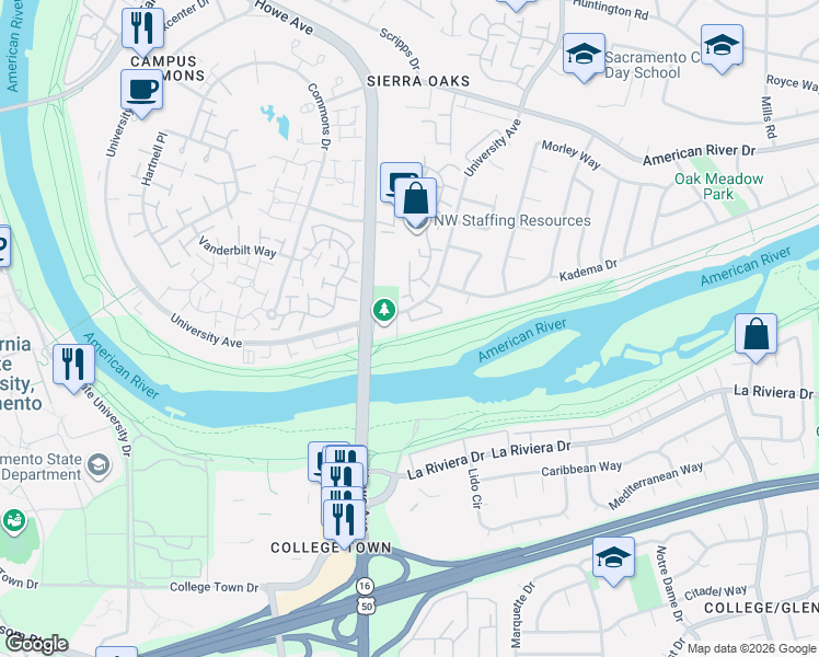 map of restaurants, bars, coffee shops, grocery stores, and more near 127 River Chase Circle in Sacramento
