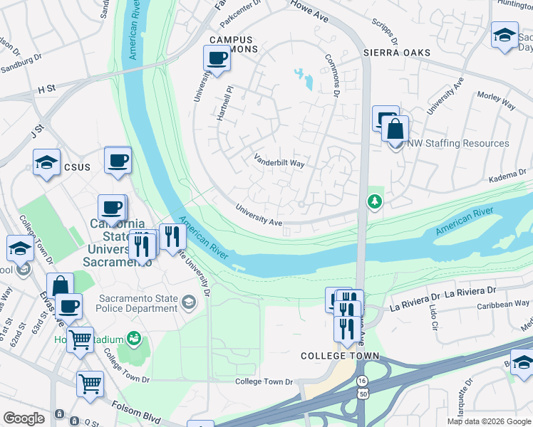 map of restaurants, bars, coffee shops, grocery stores, and more near 706 Elmhurst Circle in Sacramento