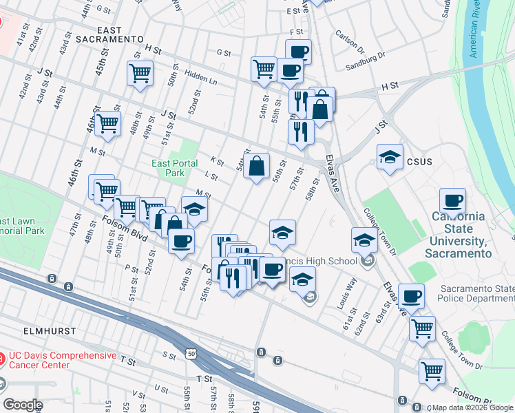 map of restaurants, bars, coffee shops, grocery stores, and more near 5523 M Street in Sacramento