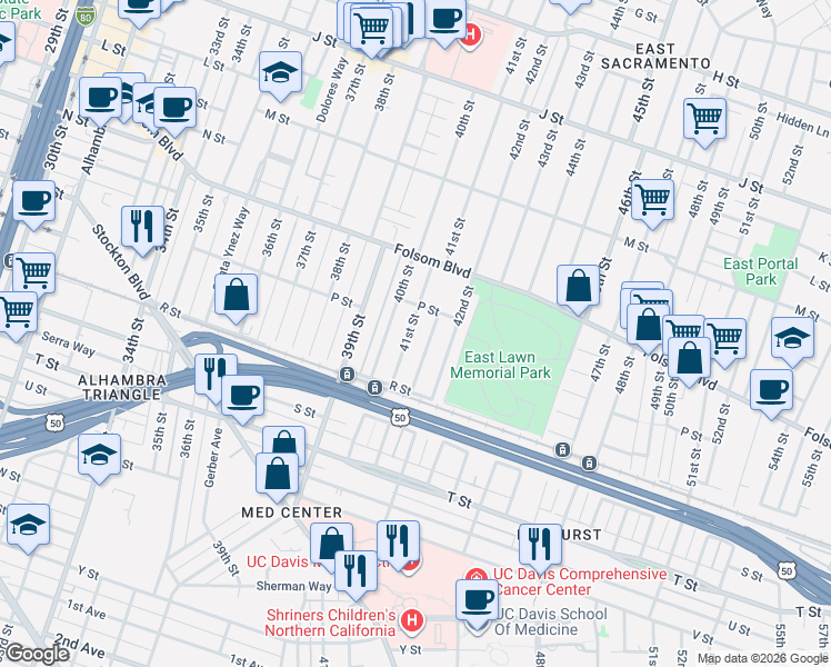 map of restaurants, bars, coffee shops, grocery stores, and more near 1701 41st Street in Sacramento