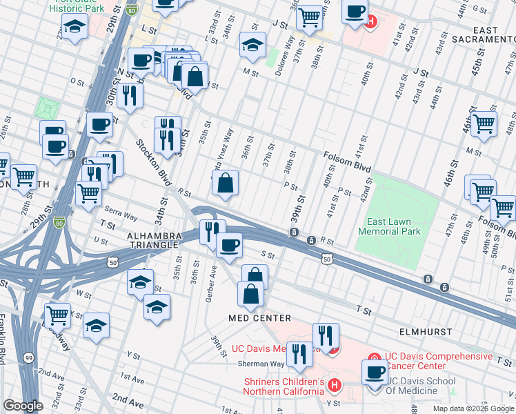 map of restaurants, bars, coffee shops, grocery stores, and more near 37th Saint 38th Street Alley in Sacramento