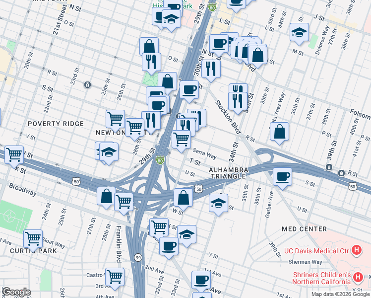 map of restaurants, bars, coffee shops, grocery stores, and more near 1930 Alhambra Boulevard in Sacramento