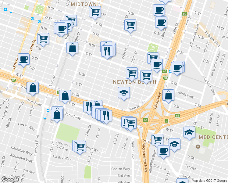 map of restaurants, bars, coffee shops, grocery stores, and more near 2431 V Street in Sacramento