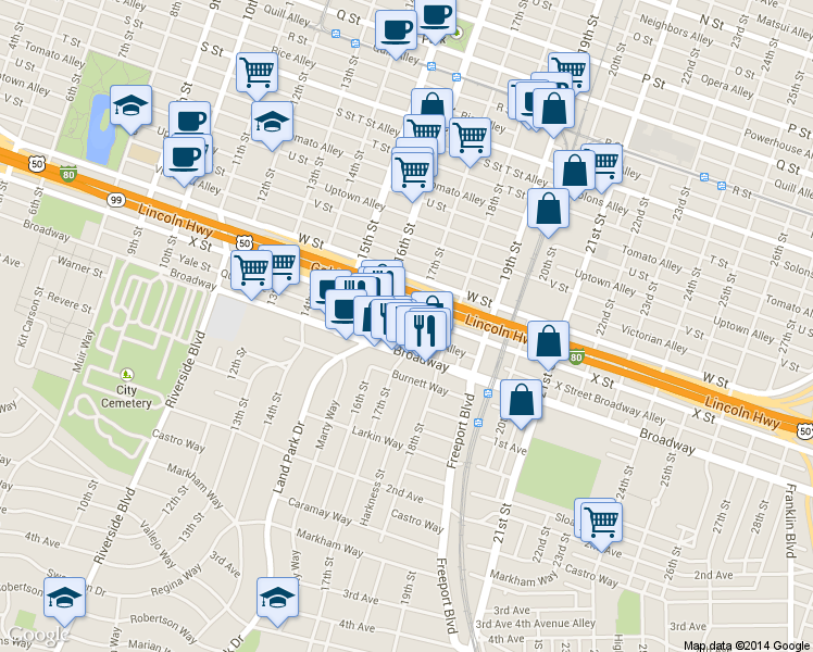 map of restaurants, bars, coffee shops, grocery stores, and more near 2414 17th Street in Sacramento