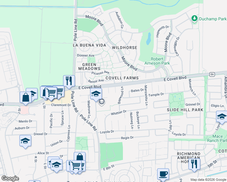 map of restaurants, bars, coffee shops, grocery stores, and more near 1710 Palm Place in Davis