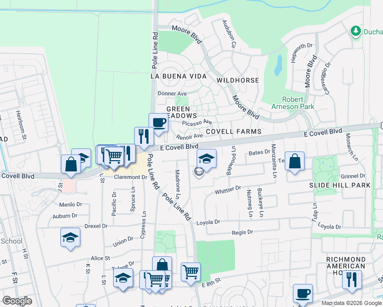 map of restaurants, bars, coffee shops, grocery stores, and more near 1806 Birch Lane in Davis