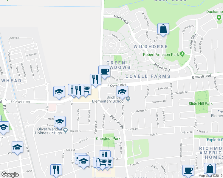 map of restaurants, bars, coffee shops, grocery stores, and more near 1722 Denison Drive in Davis