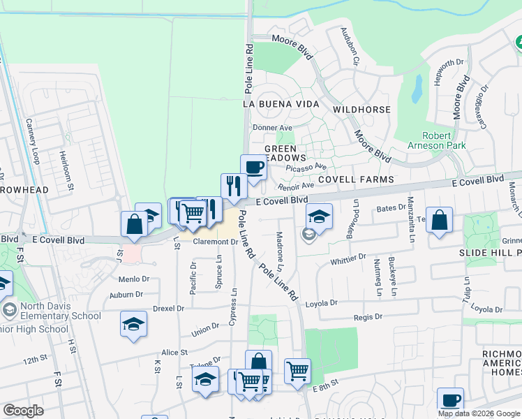 map of restaurants, bars, coffee shops, grocery stores, and more near 1722 Denison Drive in Davis