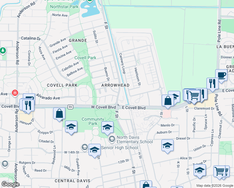 map of restaurants, bars, coffee shops, grocery stores, and more near 2030 F Street in Davis