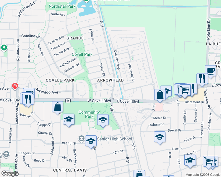 map of restaurants, bars, coffee shops, grocery stores, and more near 2030 F Street in Davis